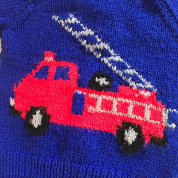 Vintage Handmade Knit Firetruck Sweater Wool - Picture 3 of 4
